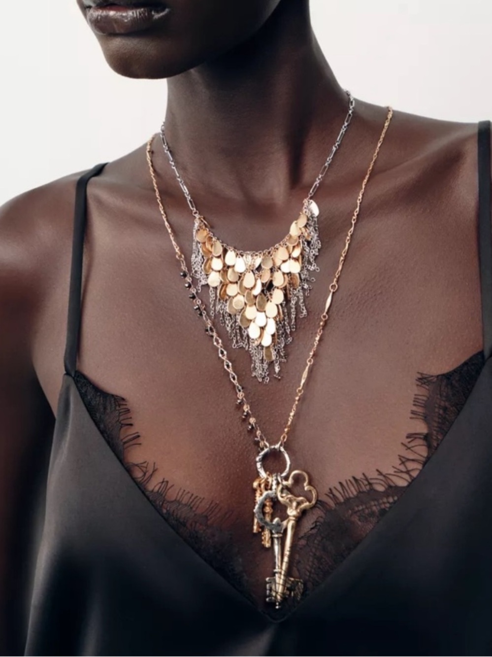 Gold and Silver Layered Coin Fringe Necklace Set